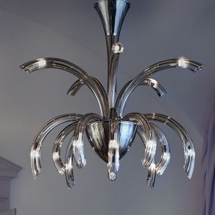 Candelabro de 15 luzes em vidro veneziano e metal cromado feito na Itália - Jason Viadurini