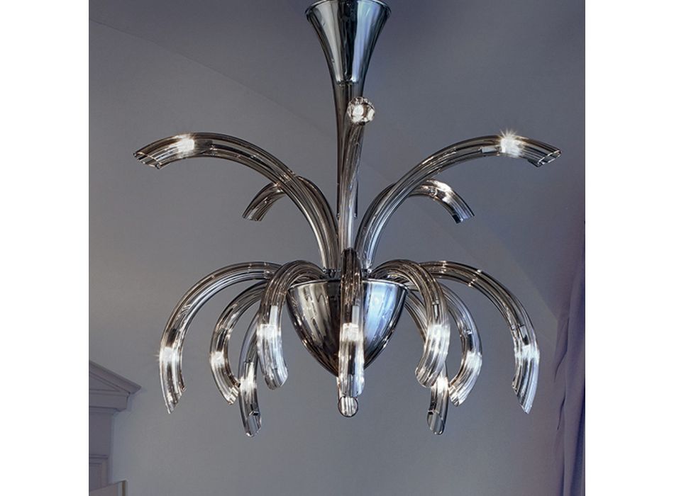 Candelabro de 15 luzes em vidro veneziano e metal cromado feito na Itália - Jason Viadurini