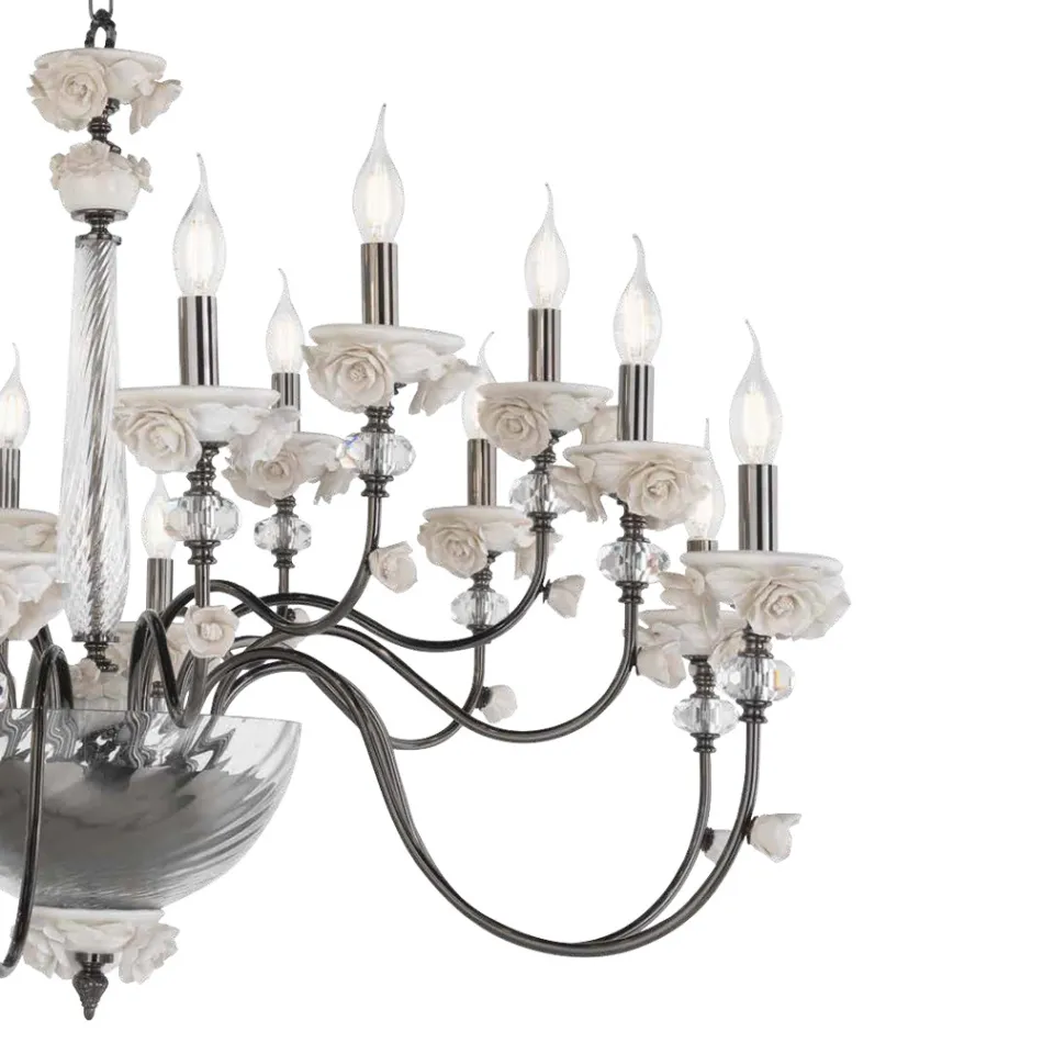 Candelabro Clássico 18 Luzes em Porcelana e Vidro Soprado Luxo - Eteria Viadurini