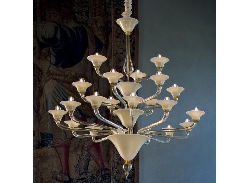 Lustre 21 Luzes em Veneza Vidro e Metal Dourado Made in Italy - Ismail Viadurini