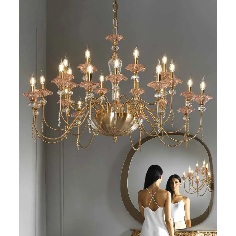 Candelabro Clássico de 24 Luzes em Vidro, Cristal e Metal Luxo - Flandres Viadurini