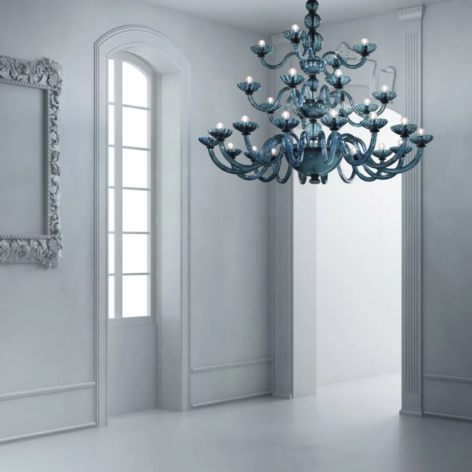 Candelabro Artesanal 28 Luzes em Vidro Veneziano Azul e Metal - Foscarino Viadurini