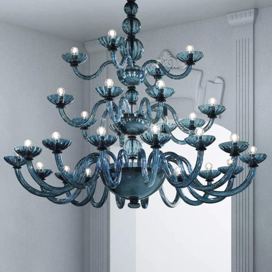 Candelabro Artesanal 28 Luzes em Vidro Veneziano Azul e Metal - Foscarino Viadurini