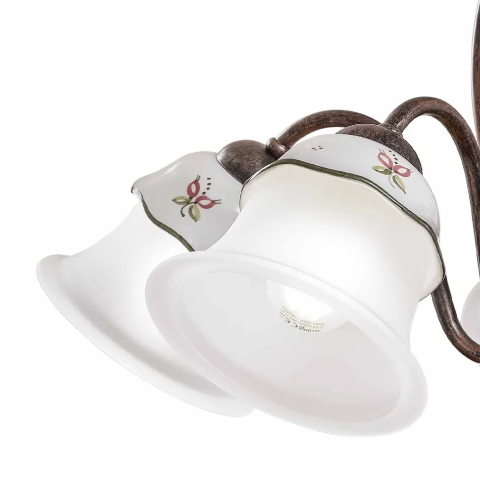 Candelabro 3 ou 5 Luzes em Ferro, Cerâmica Pintada à Mão e Vidro - Ferrara Viadurini