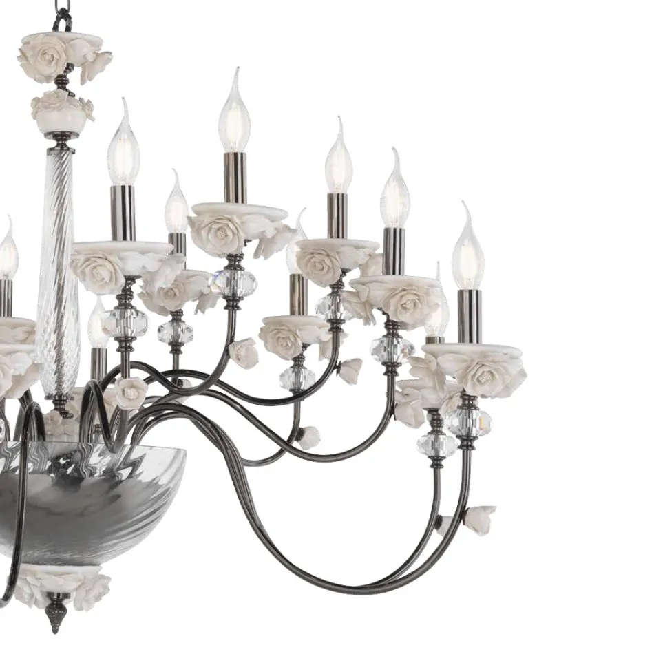 Candelabro Clássico 30 Luzes em Porcelana e Vidro Soprado Luxo - Eteria Viadurini