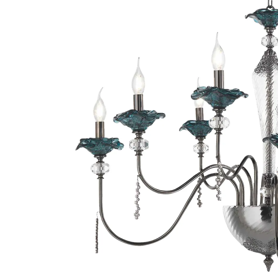 Candelabro Clássico de 8 Luzes em Vidro, Cristal e Metal Luxo - Flandres Viadurini
