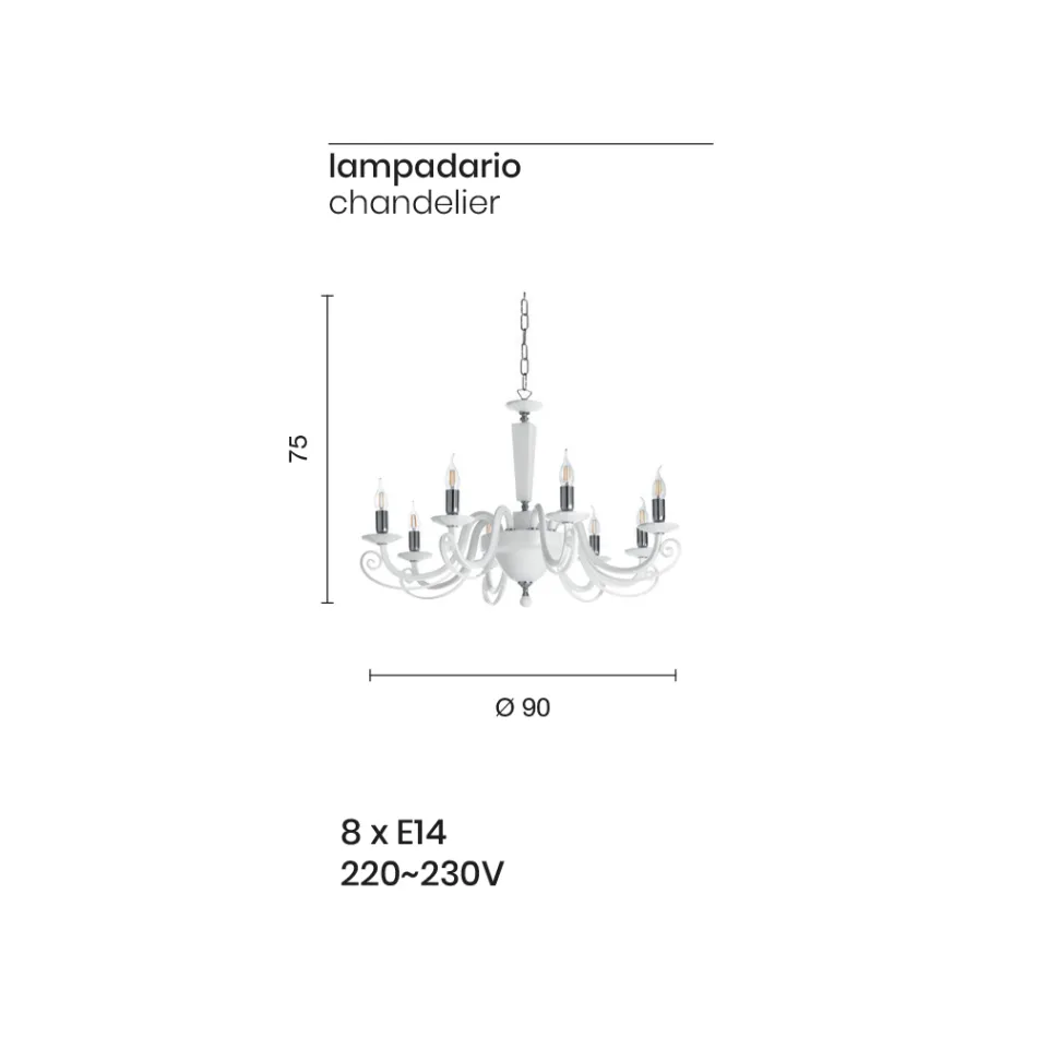 Clássico 8 Luzes Candelabro Italiano Artesanal Vidro e Cristal - Malásia Viadurini