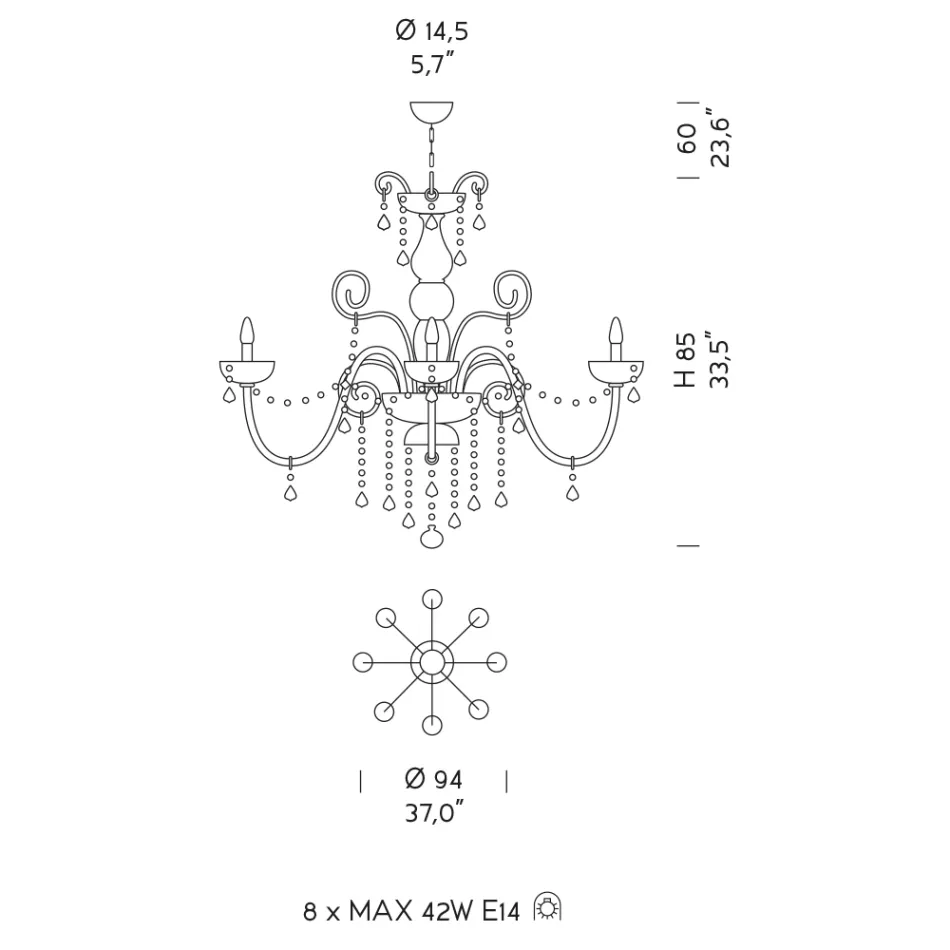 Candelabro 8 Luzes em Vidro Veneziano Feito na Itália Clássico - Florentino Viadurini