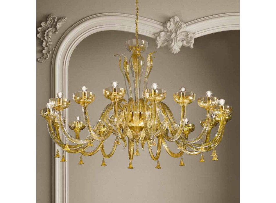 Candelabro de 16 luzes em vidro veneziano e ouro, feito à mão na Itália - Regina