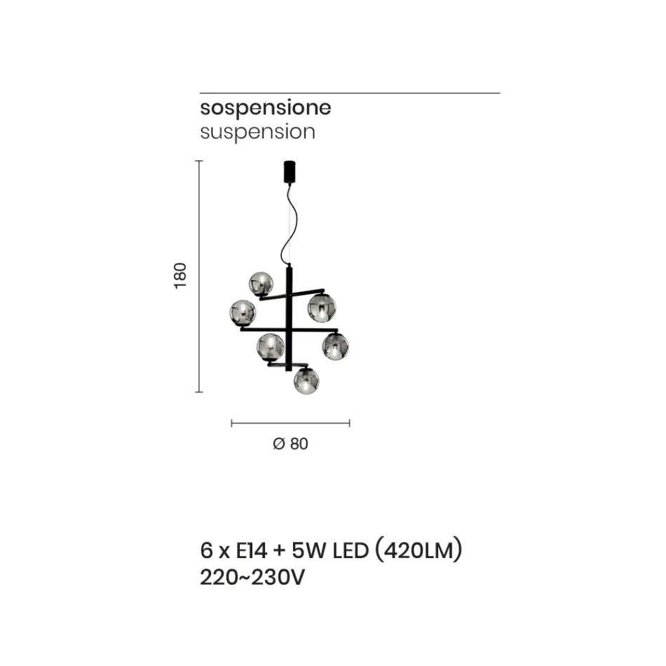 Lustre 6 Luzes em Metal Pintado com Difusores de Vidro - Lido Viadurini