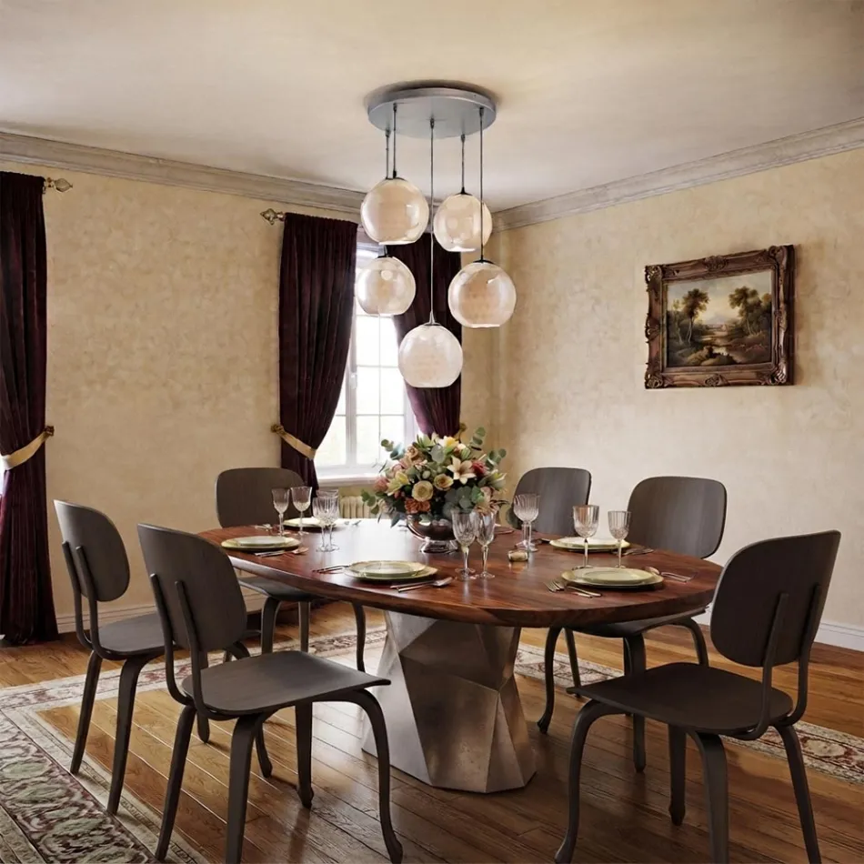 Lustre veneziano de cinco cúpulas em vidro, fabricado na Itália - Lucilla Viadurini