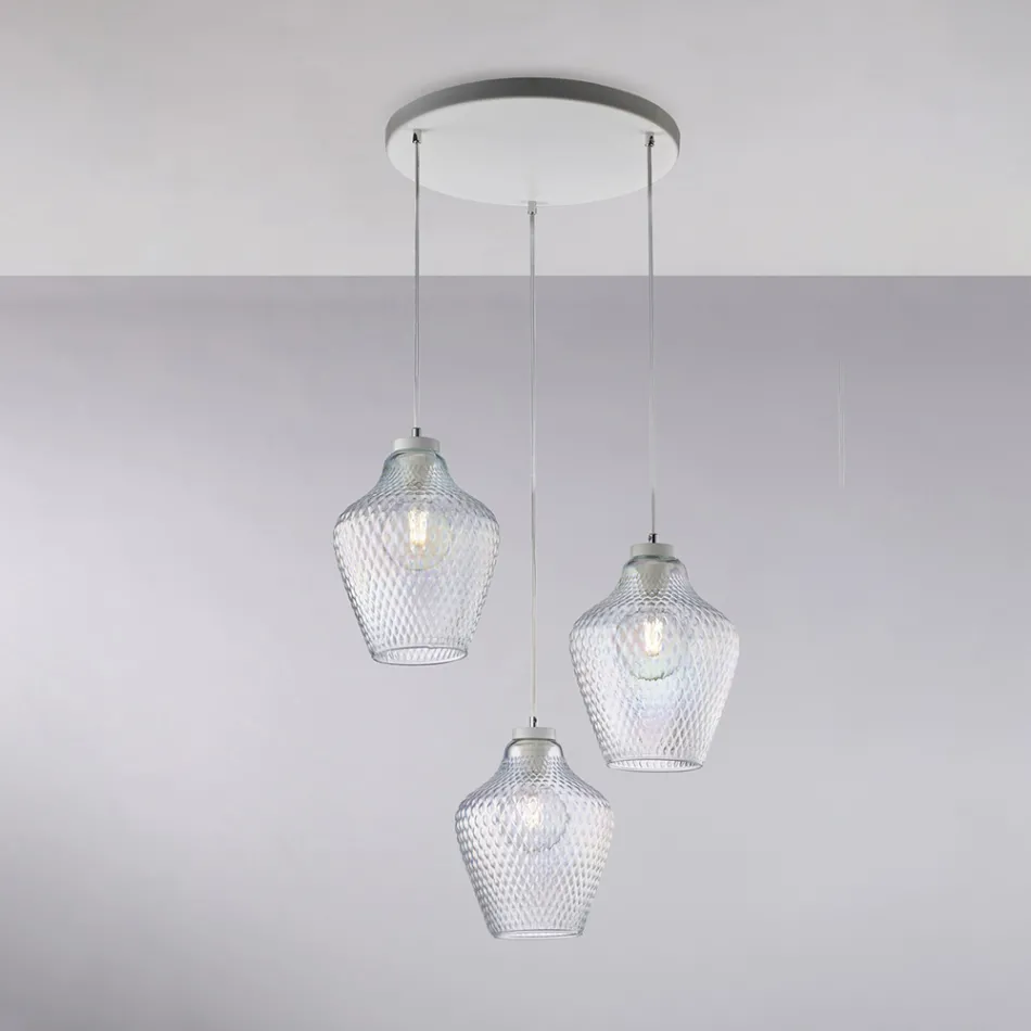 Luminária pendente Alnitak com 3 lâmpadas, vidro preto e estrutura metálica. Viadurini