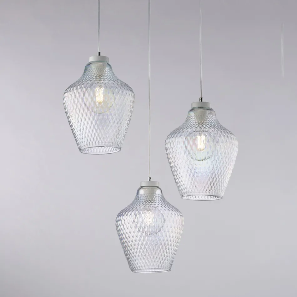 Luminária pendente Alnitak com 3 lâmpadas, vidro preto e estrutura metálica. Viadurini