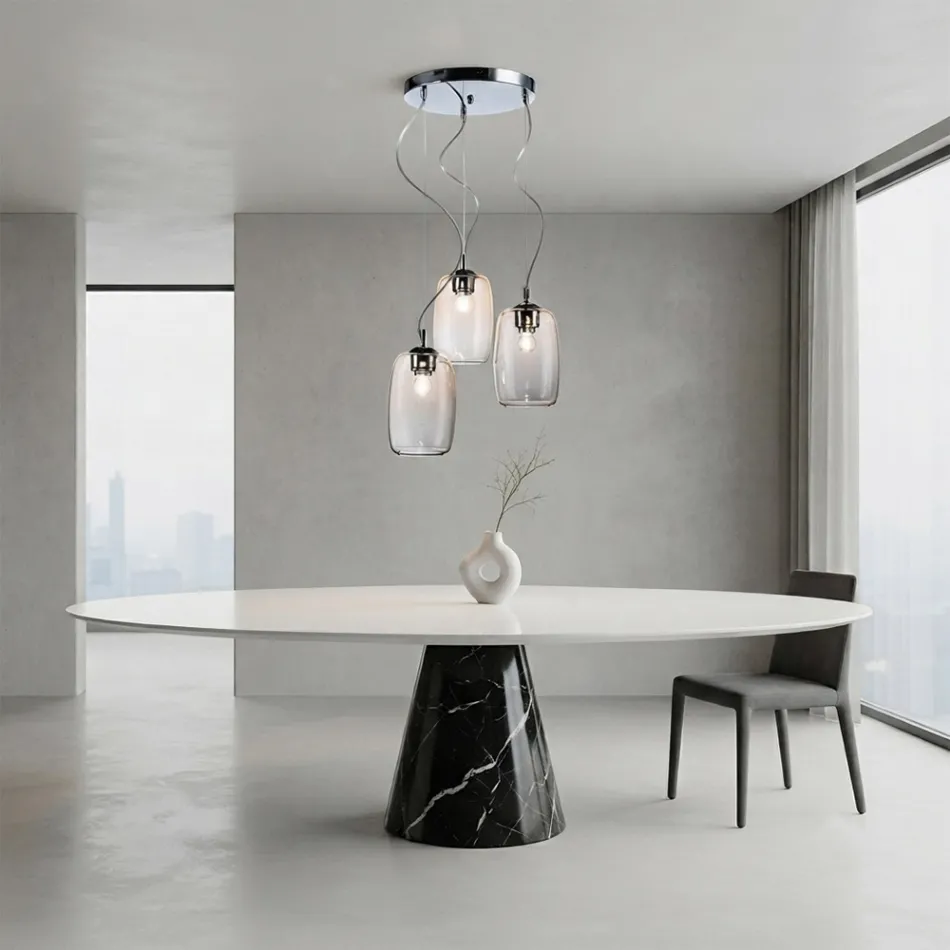 Lustre de três luzes com barra circular em vidro soprado, fabricado na Itália - Soffio Viadurini