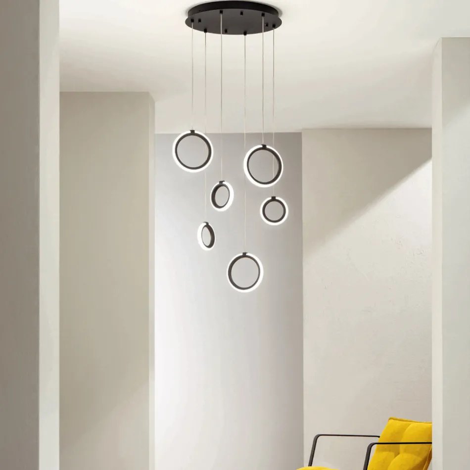 Lustre suspenso em metal pintado de preto com 6 luzes LED - cedro Viadurini
