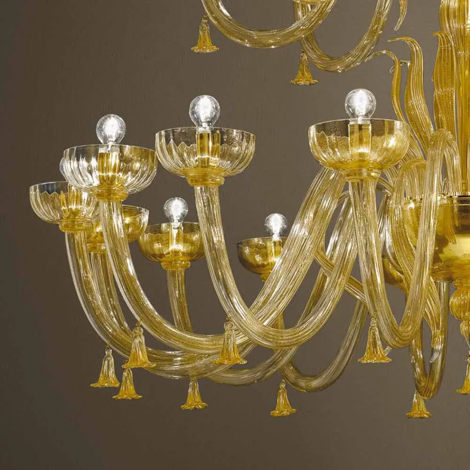 Lustre Feito à Mão com 28 Luzes em Vidro Veneziano e Ouro Fabricado na Itália - Regina Viadurini