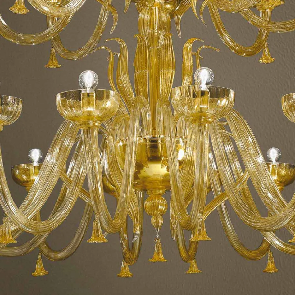 Lustre Feito à Mão com 28 Luzes em Vidro Veneziano e Ouro Fabricado na Itália - Regina Viadurini