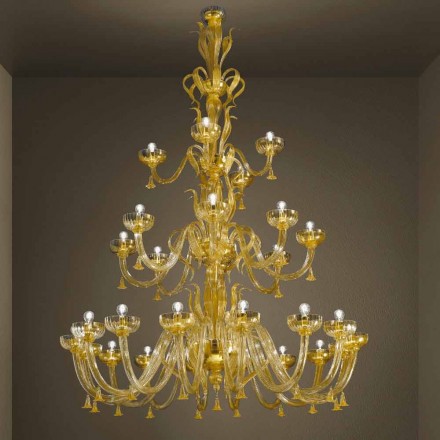 Lustre Feito à Mão com 28 Luzes em Vidro Veneziano e Ouro Fabricado na Itália - Regina Viadurini