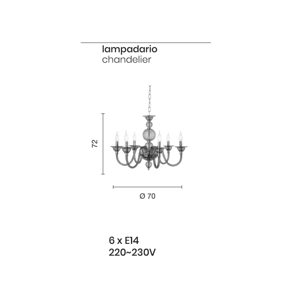 Candelabro Clássico 6 Luzes Vidro Fumado Feito à Mão Italiano e Metal - Memore Viadurini