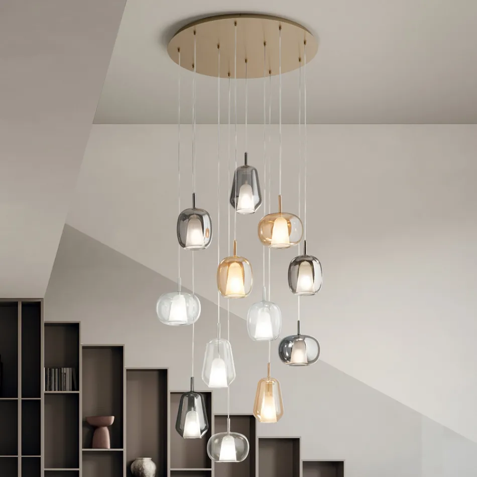 Lustre com 12 Luzes em Vidro e Arame Transparente Fabricado na Itália - Trilly Viadurini