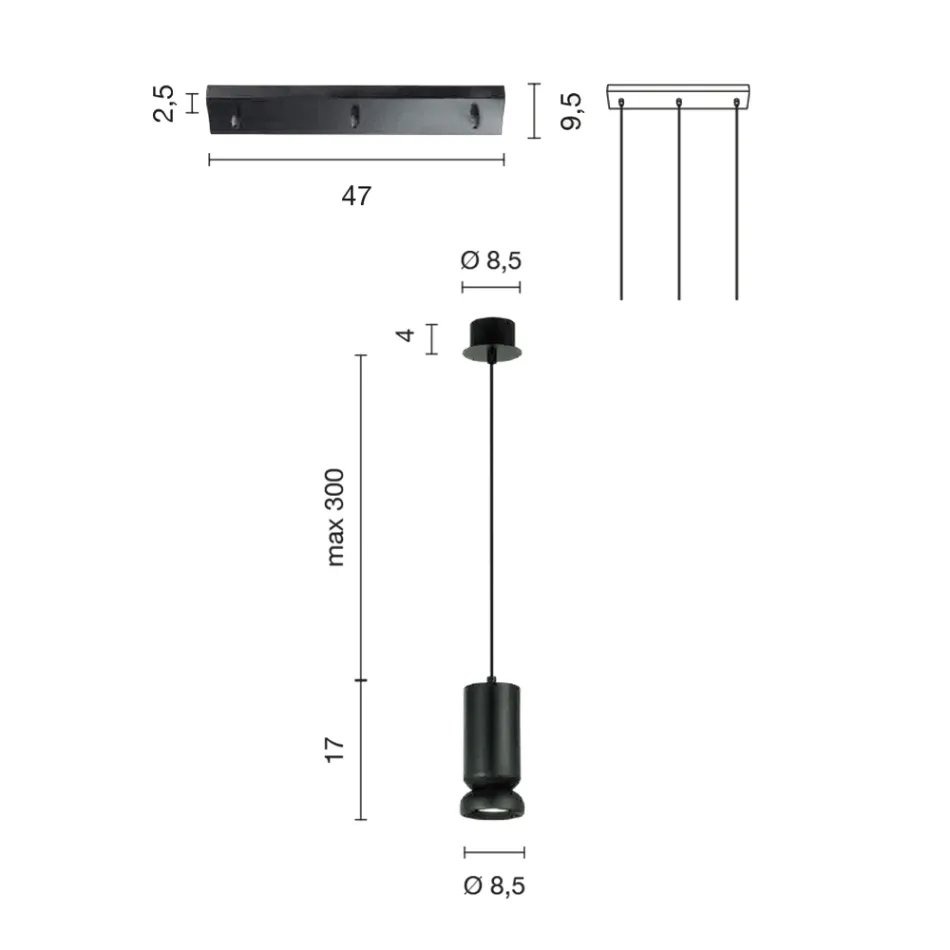 Lustre com 3 LEDs em Alumínio Lacado a Pó e Cabo Ajustável - Buxus Viadurini