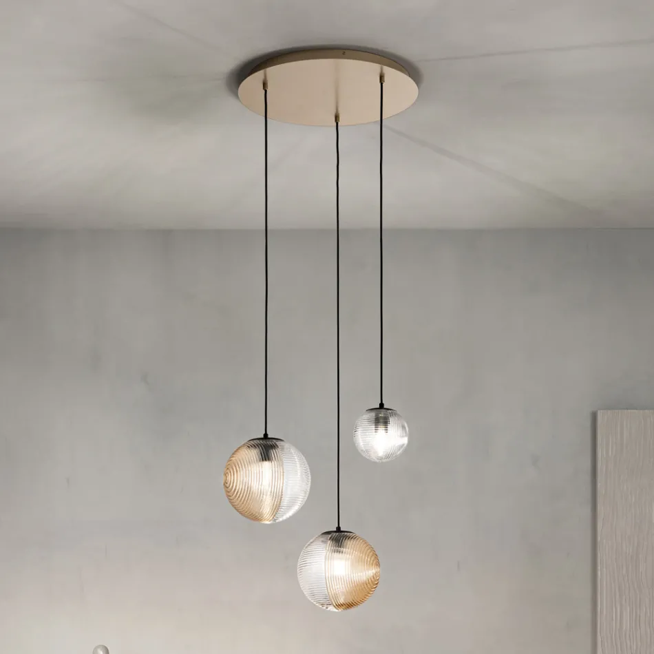 Lustre com 3 Luzes em Vidro Soprado em Forma de Esfera Fabricado na Itália - Prilla Viadurini