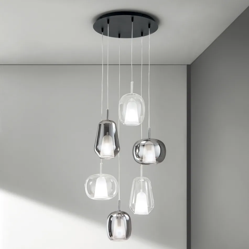 Lustre com 6 difusores de vidro fumê e transparente feito na Itália - Trilly Viadurini