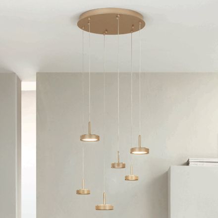 Lustre com 6 LEDs e Base Redonda em Metal Pintado Dourado - Hornbeam Viadurini