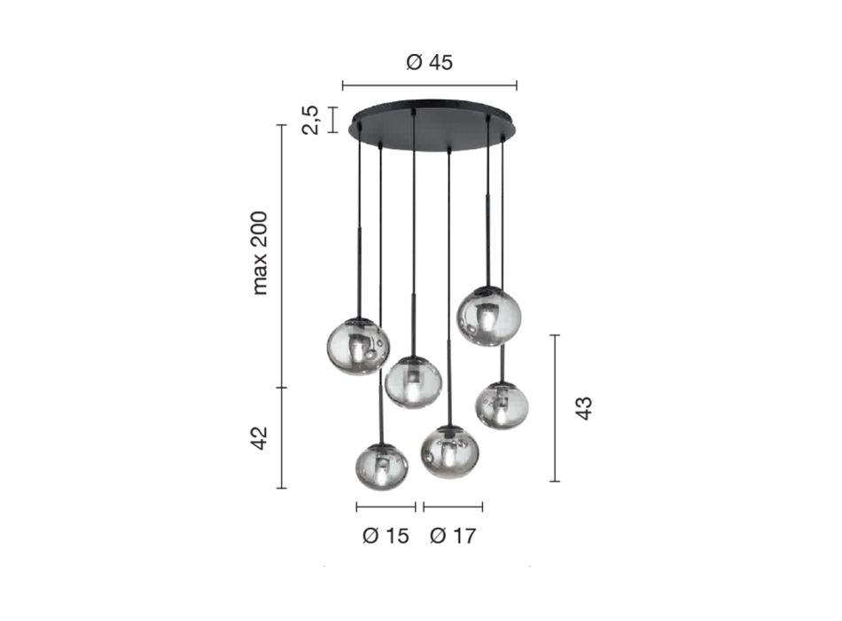 Lustre com 6 LEDs em Metal Pintado de Preto e Vidro Soprado - Ailanto Viadurini