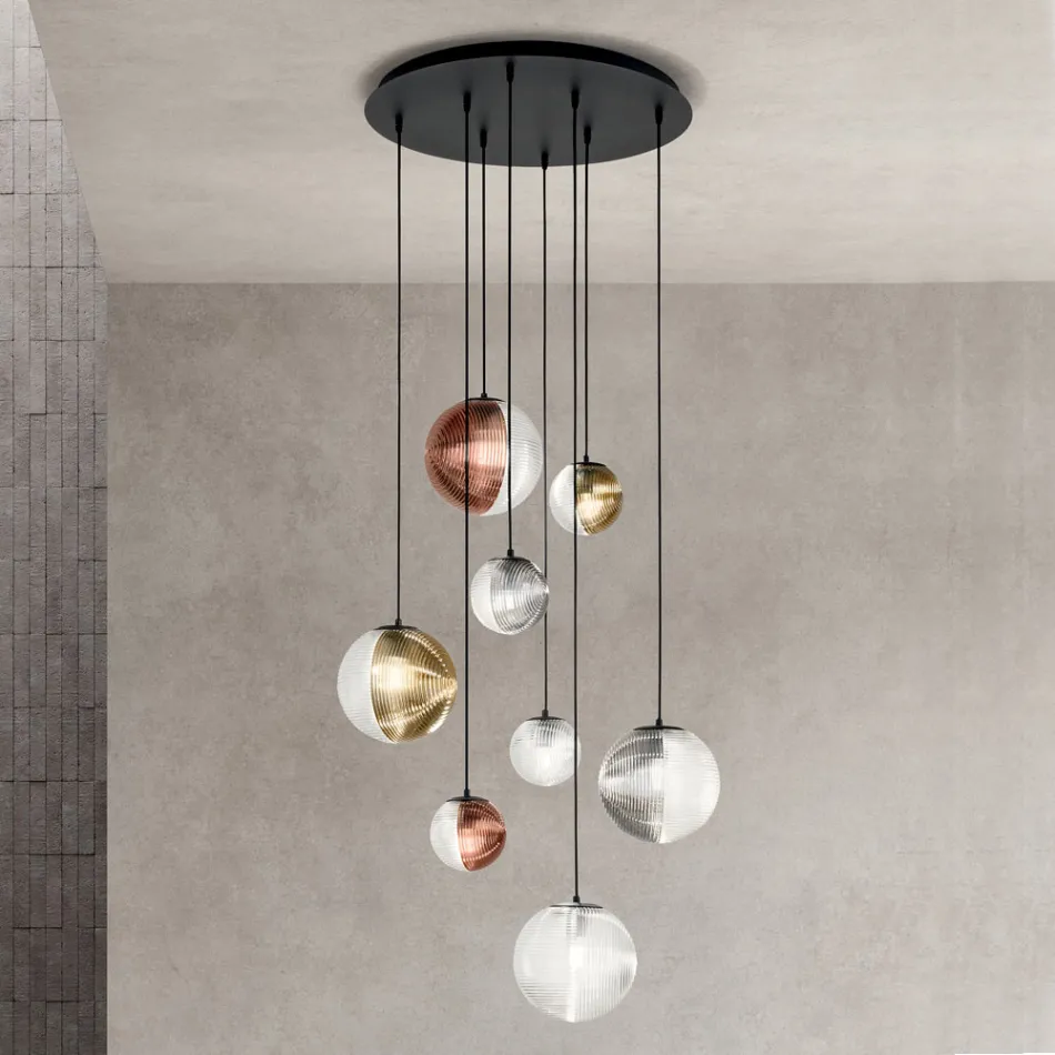 Lustre com 8 Luzes em Vidro Soprado em Forma de Esfera Fabricado na Itália - Prilla Viadurini