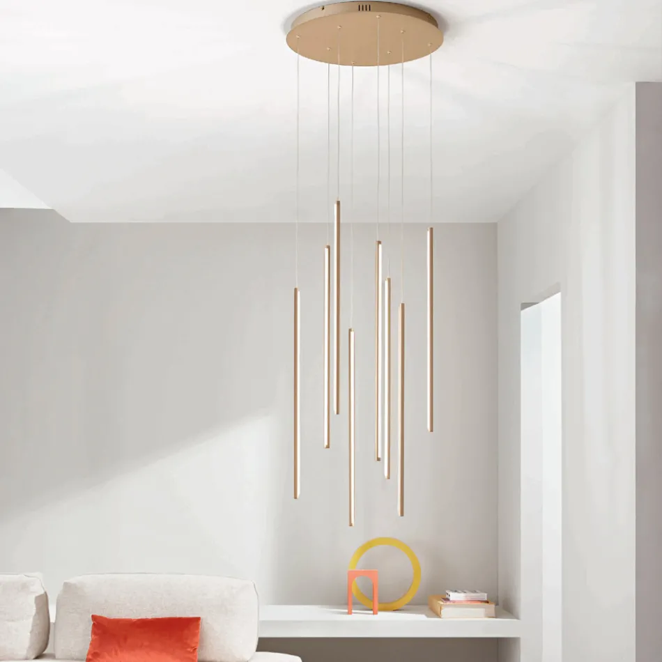 Lustre com 8 Luzes LED em Metal Pintado Dourado e Cabos Ajustáveis - Laranja Viadurini