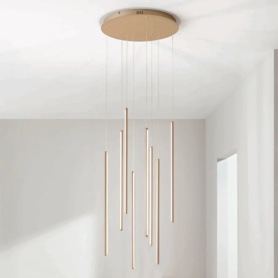 Lustre com 8 Luzes LED em Metal Pintado Dourado e Cabos Ajustáveis - Laranja Viadurini