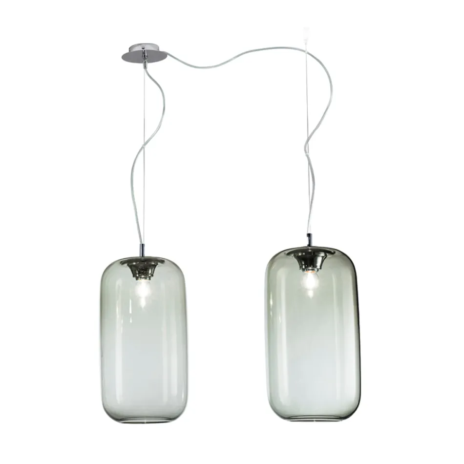 Lustre descentralizado de duas luzes em vidro artesanal, fabricado na Itália - Soffio Viadurini