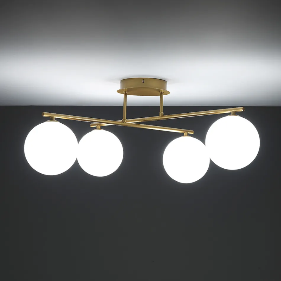 Lustre em Metal Dourado Metálico e 4 Esferas de Vidro Branco - Veneza Viadurini