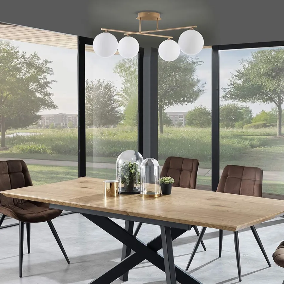 Lustre em Metal Dourado Metálico e 4 Esferas de Vidro Branco - Veneza Viadurini