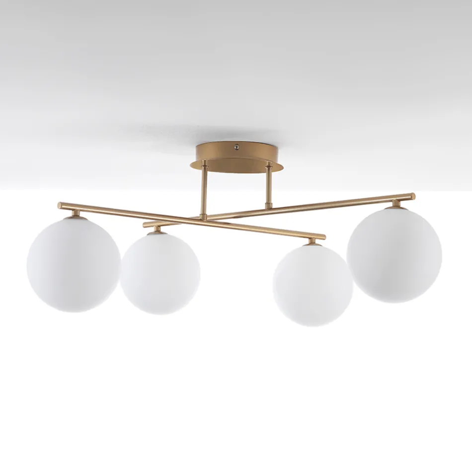 Lustre em Metal Dourado Metálico e 4 Esferas de Vidro Branco - Veneza Viadurini