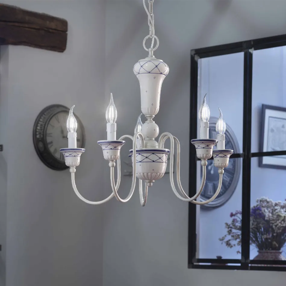 Lustre de 5 Luzes para Sala de Estar em Cerâmica e Latão Pintados à Mão - Sanremo Viadurini