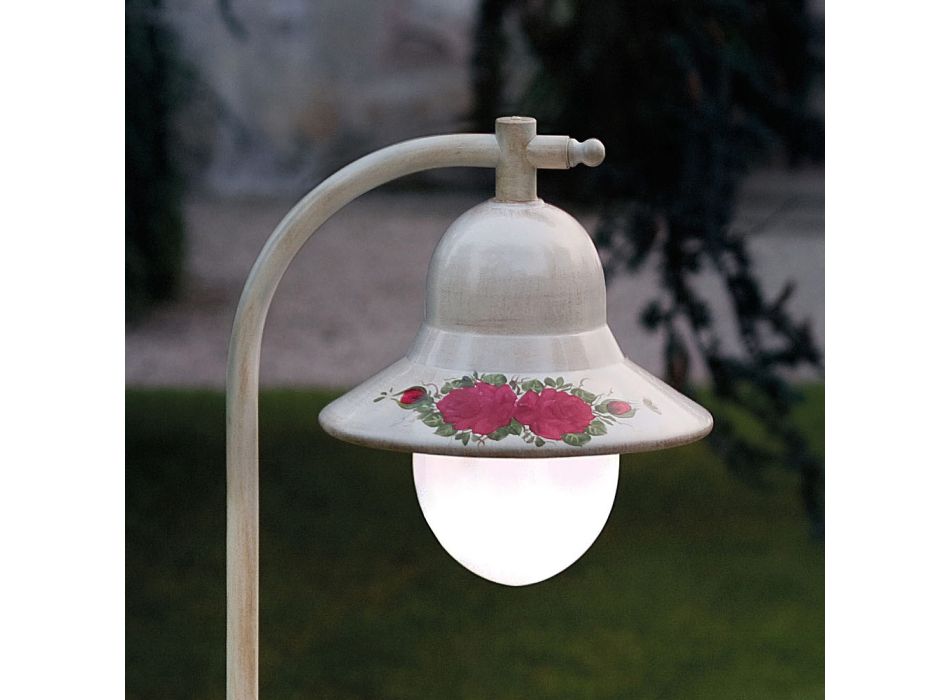 Lâmpada de rua ao ar livre em alumínio branco e decoração de flores pintadas à mão - Imperia Viadurini