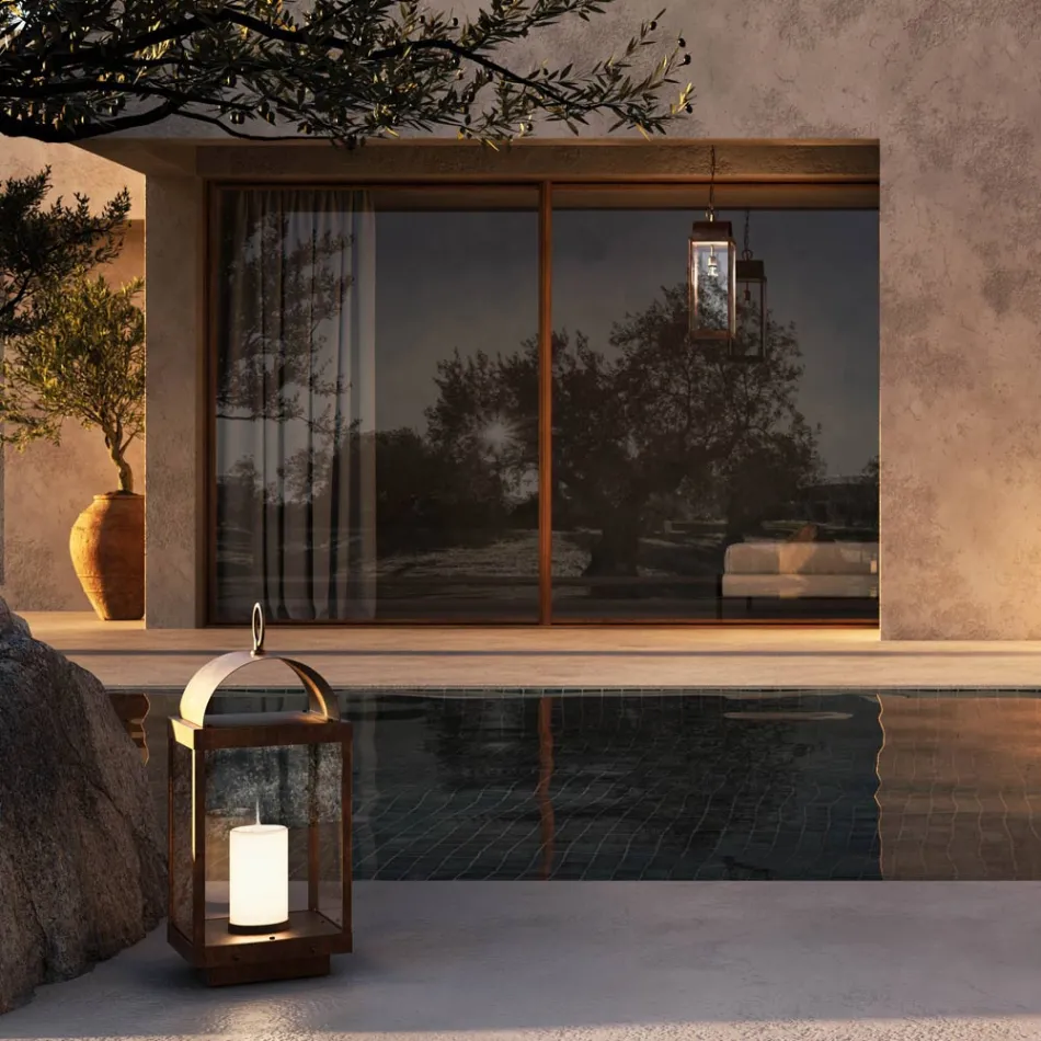 Lanterna de jardim com vela em ferro ou latão Il Fanale Viadurini