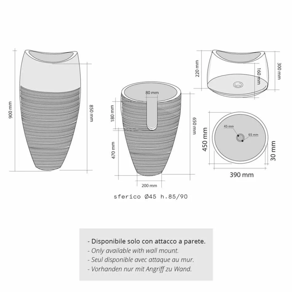 Lavatório Coluna Esférica Pedra Natural Fumaça Gili Viadurini