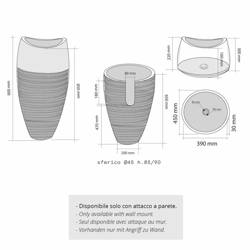Lavatório Coluna Esférica Pedra Natural Preto Gili Viadurini