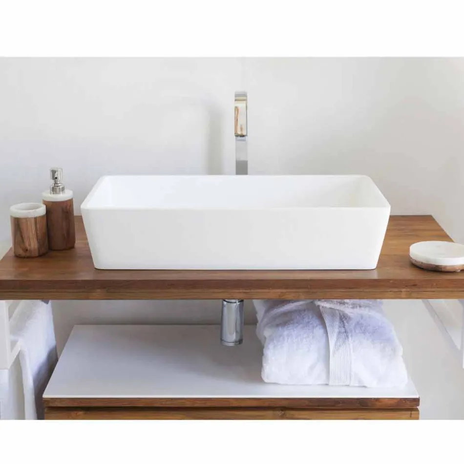 Lavatório Retangular de Bancada em Sólido Acabamento Branco - Sider Viadurini