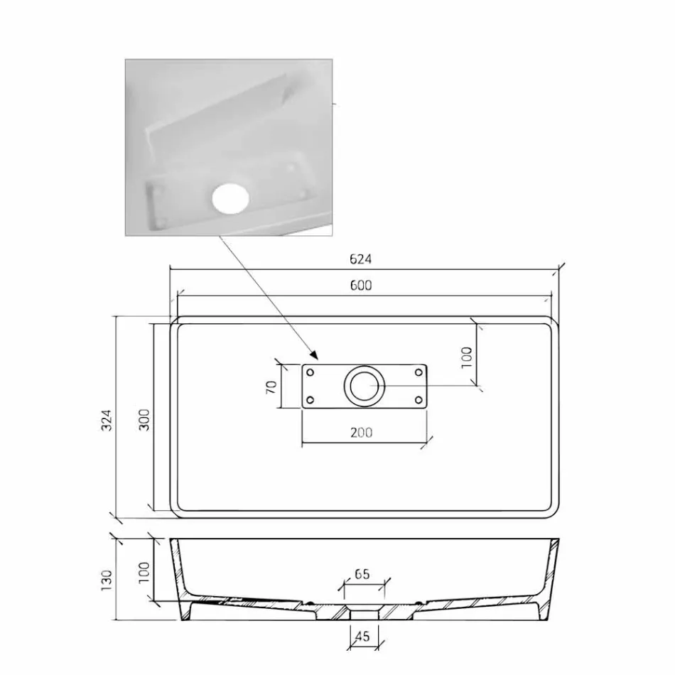 Lavatório Retangular de Bancada em Sólido Acabamento Branco - Sider Viadurini