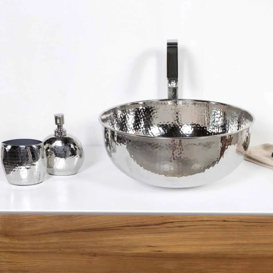 Lavatório Redondo de Bancada em Latão Cromado Martelado - Diamante Viadurini