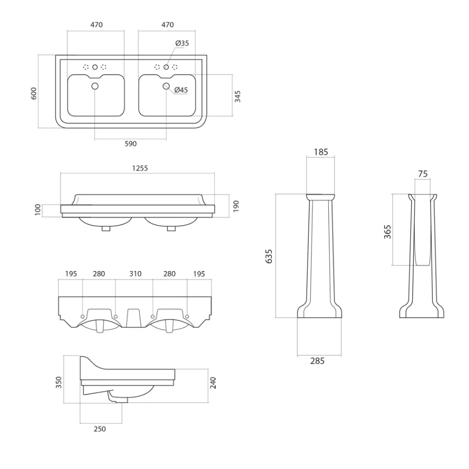 Lavatório para console de coluna em lavatório duplo de cerâmica Made in Italy - Wollie Viadurini
