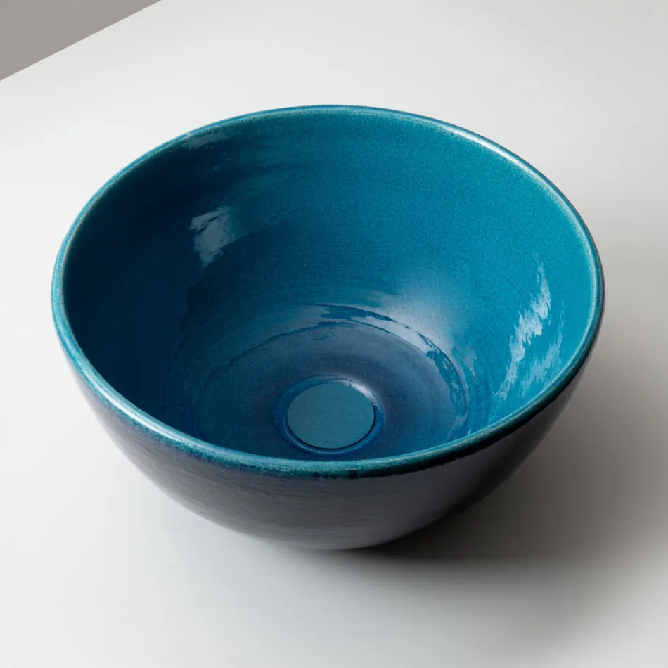 Pia de bancada em argila Raku com acabamento cristalino azul persa - Fresco Viadurini