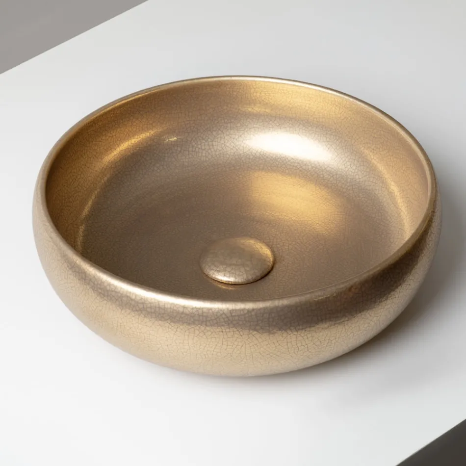 Pia de bancada em argila Raku metálica torneada à mão - Prisma Viadurini