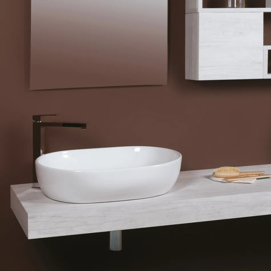 Lavatório oval de bancada em cerâmica branca com design moderno - Papavero Viadurini