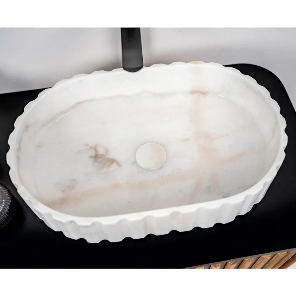 Lavatório de bancada oval para banheiro em mármore branco - Cunzite Viadurini