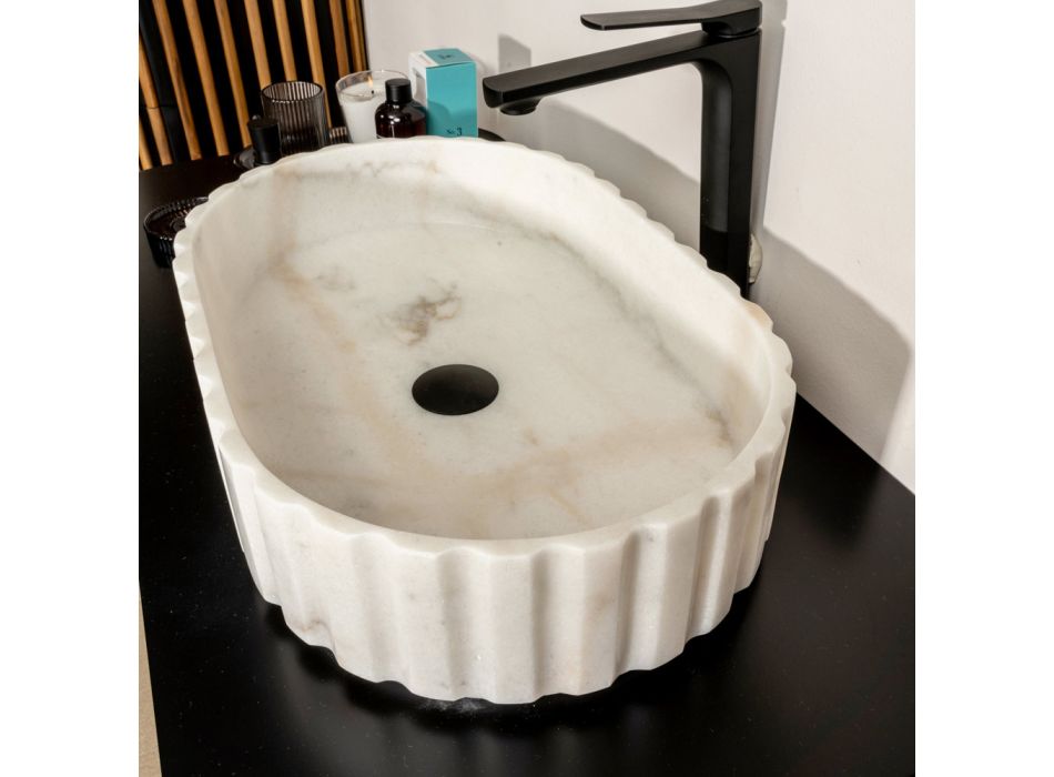 Lavatório de bancada oval para banheiro em mármore branco - Cunzite Viadurini